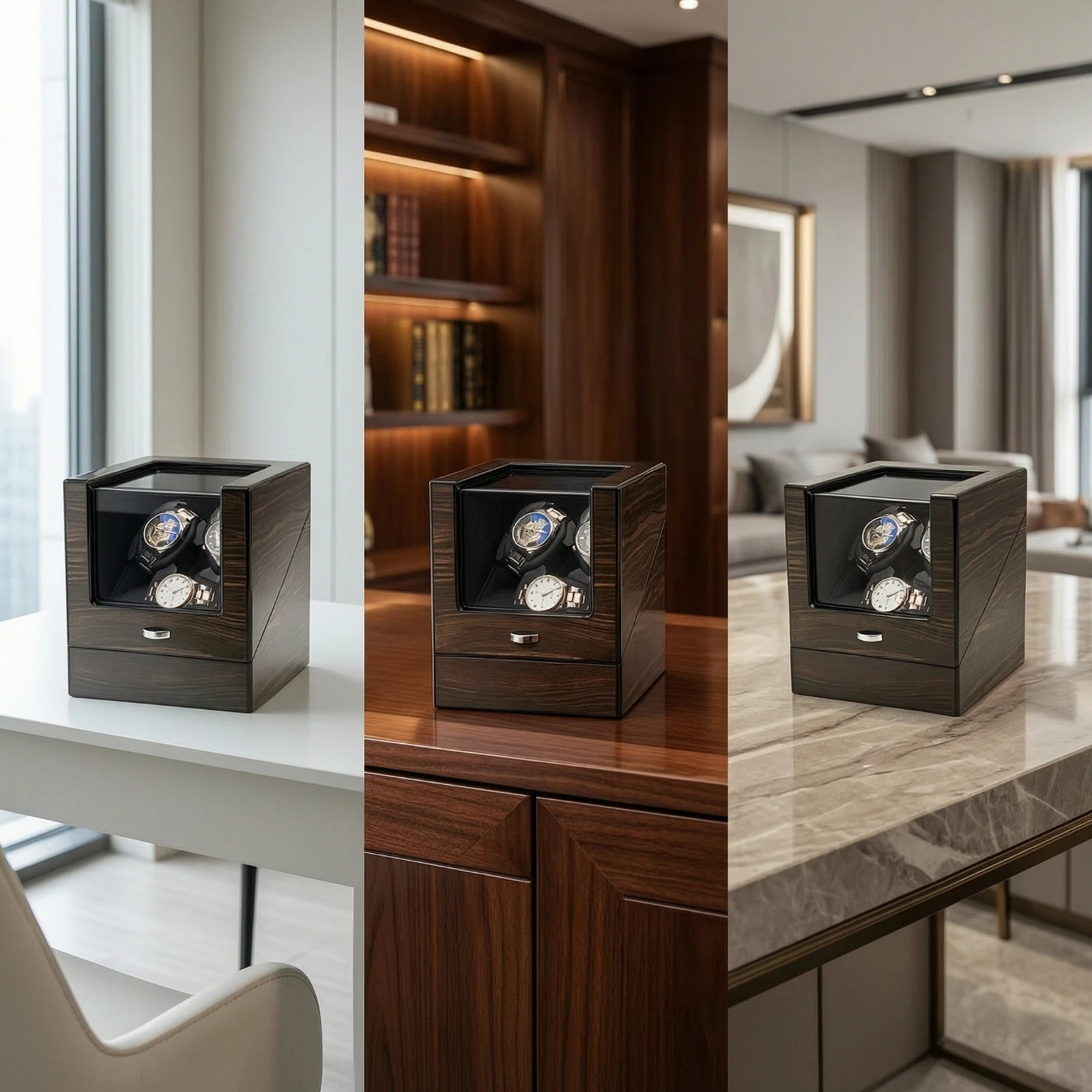 Automatic Watch Winder Box High-Gloss 3-Slot Watch Winder Compact Piano Finish for Desktop, Nightstand