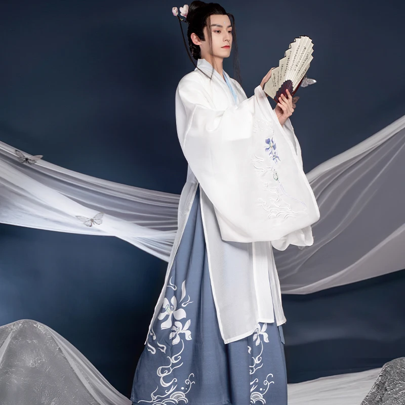 JINXIHANFU Traditional Elegant Daily Boys Chinese Style Scholar Fairy Cross Collar Cardigan Pleated Skirt Suit Hanfu Men