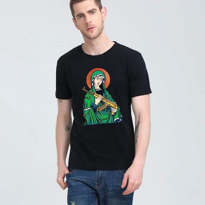 Blessed Virgin Mary Madonna Kalashnikov Gun t-shirt Top Pure Cotton Men T Shirt