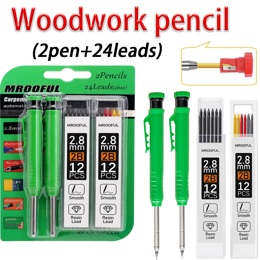 

Набор карандашей для столярных работ 2,8 мм, со встроенными точилками, с 2 коробками грифеля, инструмент для черчения и разметки для плотников и инженеров