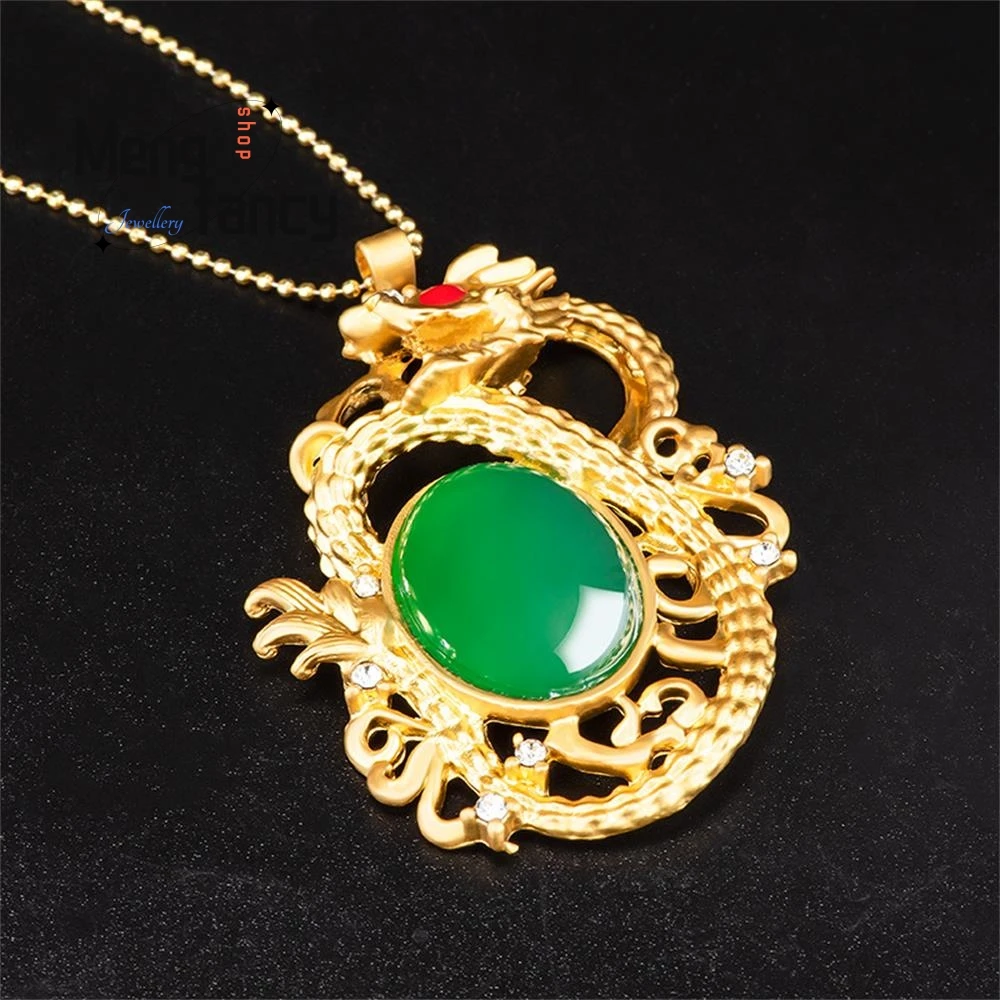 Genuine Natural Green Agate Zodiac Dragon Copper Gold Plating Pendant Exquisite High-grade Fashion Jewelry Popular Holiday Gifts