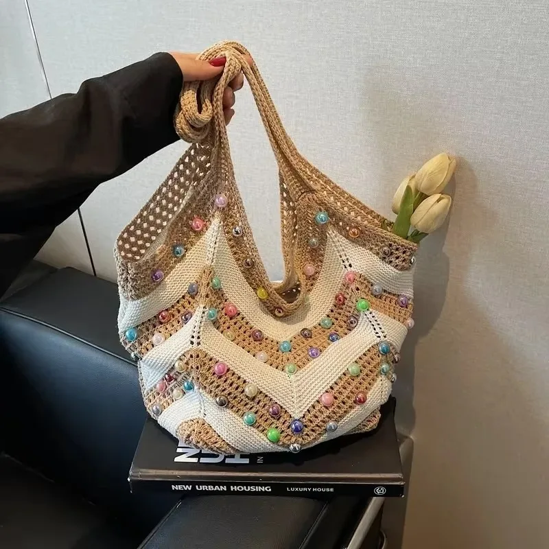 

Hollow Out Fabric Bead Decoration Shoulder Bags Large Capacity Versatile 2025 Hot Sale Women's Bags Soft Commuting Handbags