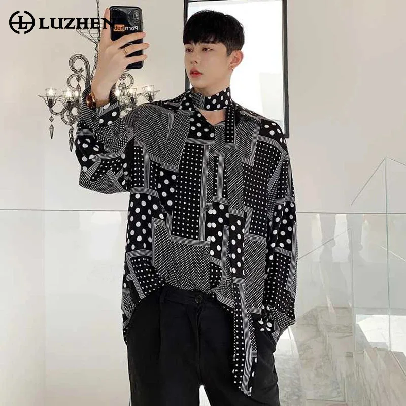 LUZHEN Shirt Design Wave Dot Long Personalized Sleeved Trendy Irregular Pattern Patchwork Original Men's Casual Tops LZ8758