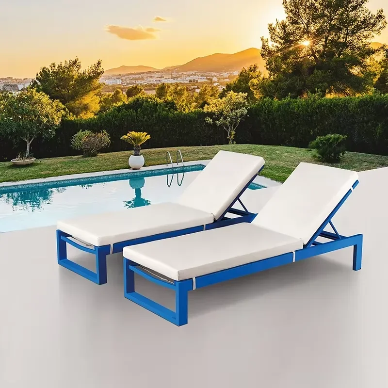 Modern Blue Aluminum Pool Lounger Outdoor Garden Sunbed Teslin Fabric Beach Chair Terrace Furniture Relaxing Patio Chaise