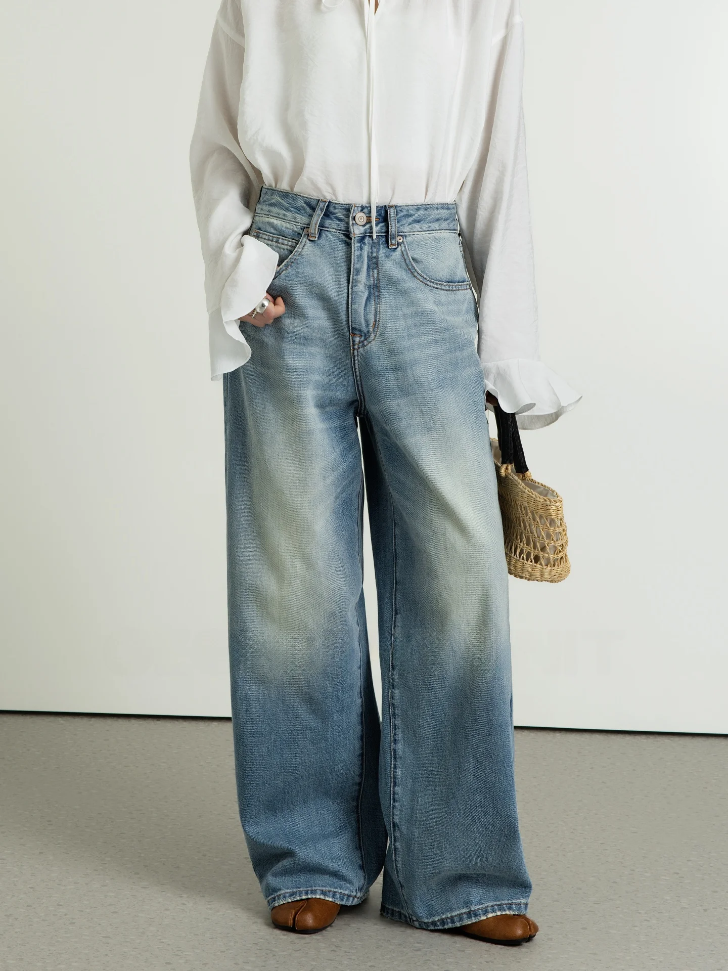 

Джинсы с высокой талией и широкими штанинами, геометрический дизайн, без стрейча, новинка весны, ретро-стиль, универсальные, летние, повседневные, из хлопкового денима