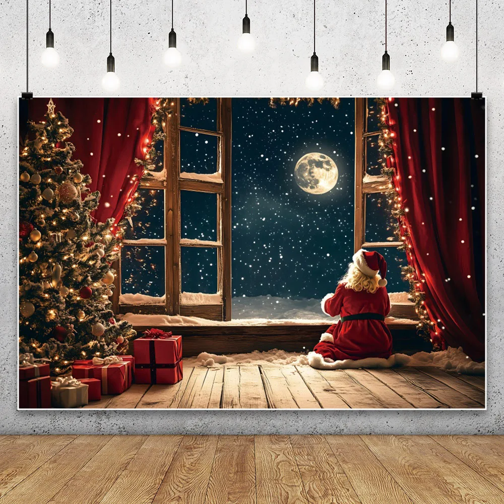 Big Christmas Tree Backdrop Photography Wooden Floor Santa Claus Gift Winter Snowflake House Background Decor Party Props Studio