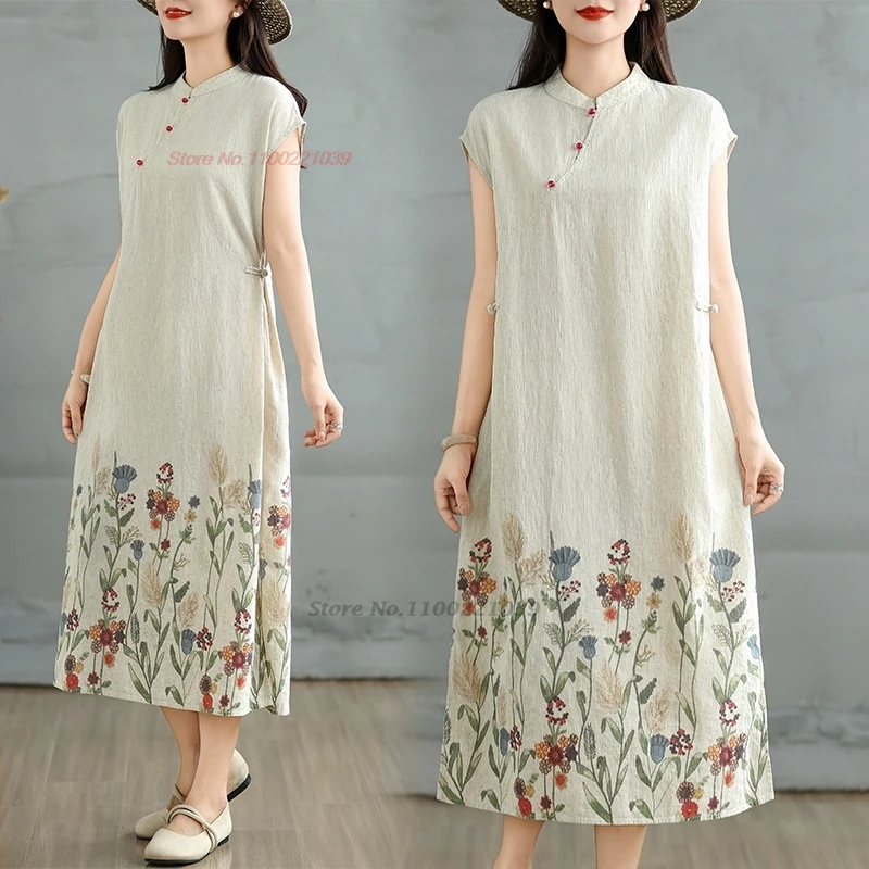 

2025 chinese vintage dress breathable qipao national flower print a-line dress cheongsam improved qipao traditional folk dress