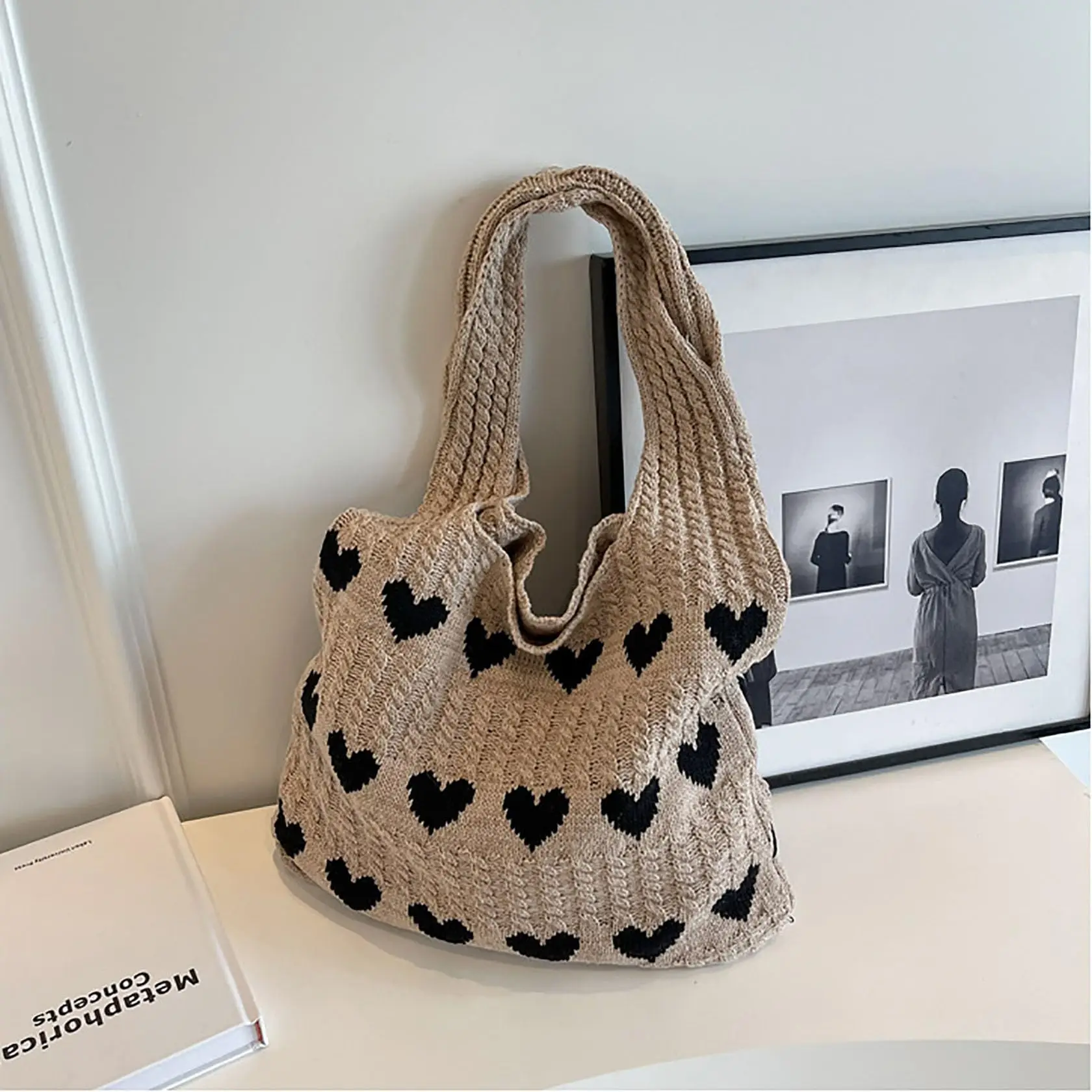 Gestrickte Schulter-Tragetasche Große Häkel-Strandtasche Hobo-Tasche Ästhetische Tragetaschen für Frauen – Detail 23