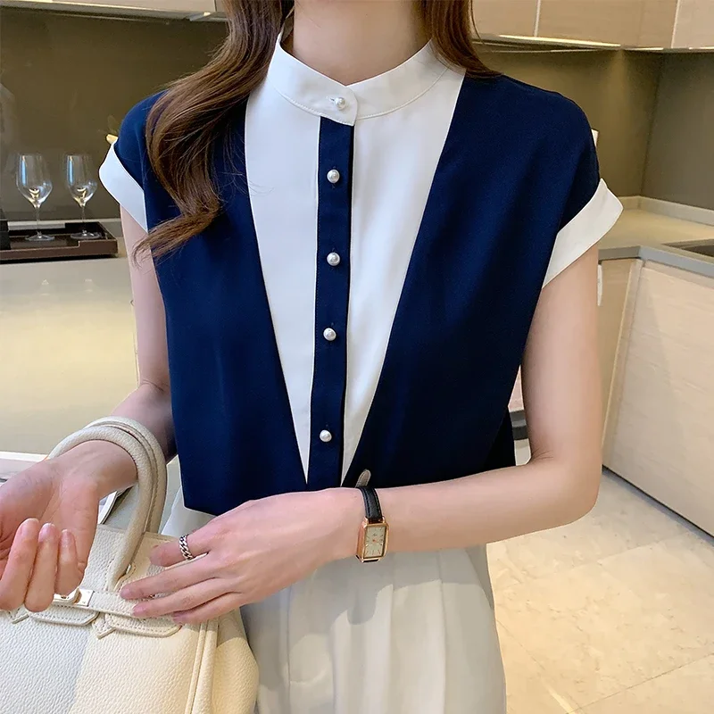 

2024 Korean Version of Temperament Design Loose Short Sleeve Chiffon Shirt Women Patchwork Top