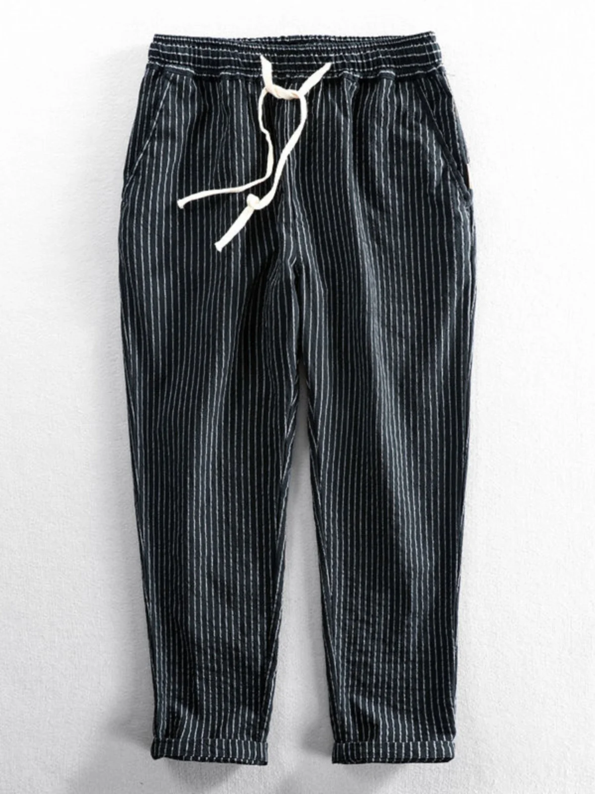 

Летние тонкие мужские хлопковые льняные брюки свободного кроя с эластичной резинкой на талии, повседневные брюки с полосатым узором, дышащая легкая мужская одежда