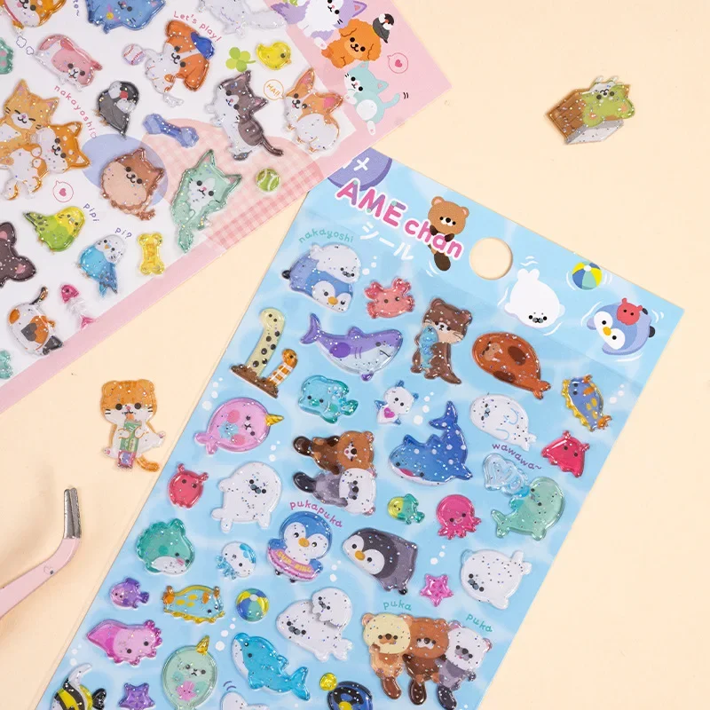 1pc Kawaii Glittering 3D Sushi Sea Animals Vehicles Stickers Scrapbooking Diy Journal Stationery Sticker Gift Deco Art