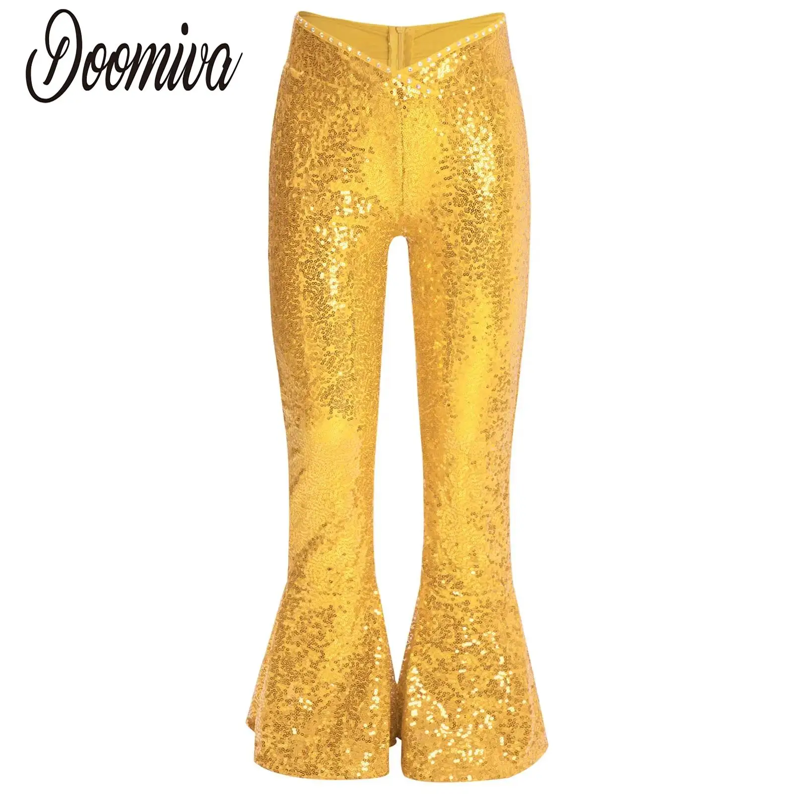 

Girls Jazz Latin Tap Dance Costume Stage Performance Competition Pants V-Front Waistline Shiny Sequined Zipper Flared Hem Pants