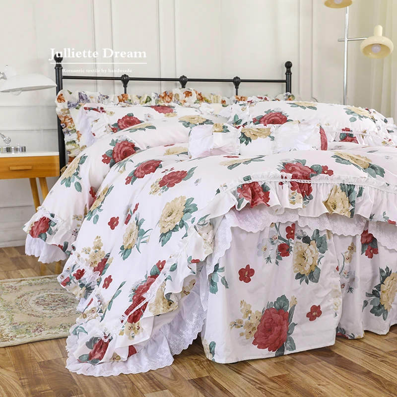 Big Rose Printed Bedding Sets Lace Ruffle Design Linen Home Bed Linens Duvet Cover Bedding Set Luxury Queen Bedding Set