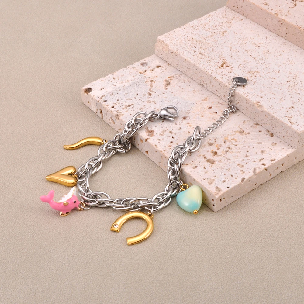 Edelstahl Damenmode Ozean Stil Thema Herz Delphin Charm Armband Kette Link Schmuck Zubehör Wasserdicht B25160