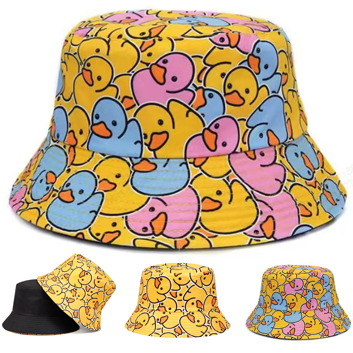 Unisex Duck Print Double-Sided Wearing Personality Bucket Ha