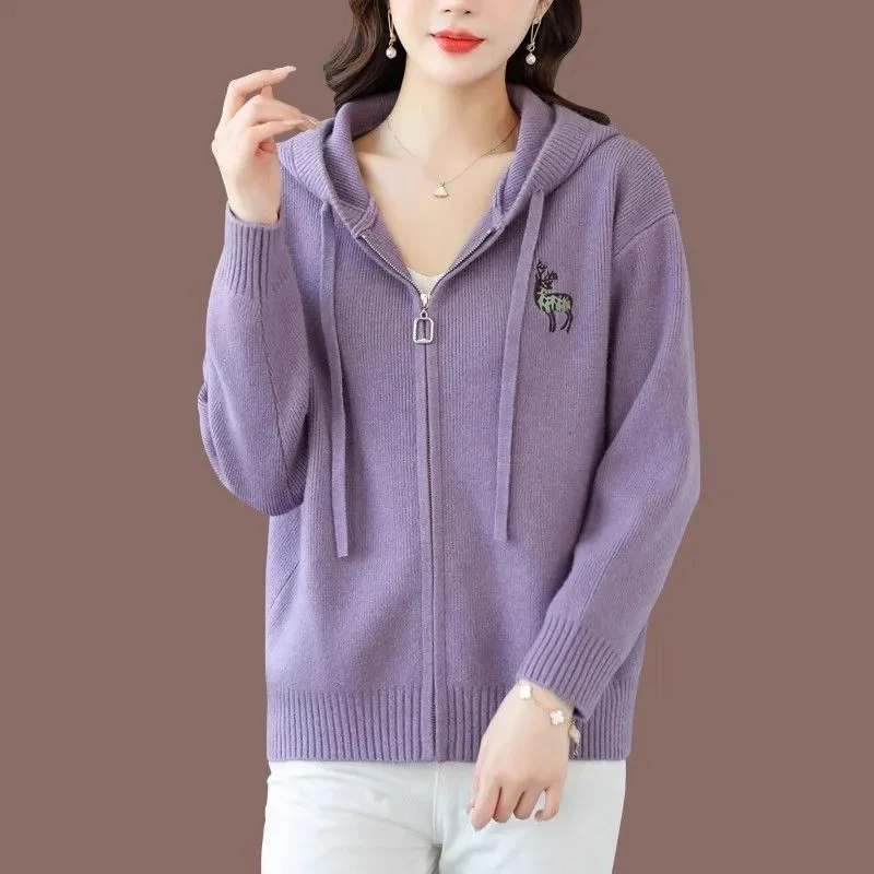 

New Spring Autumn Fashion Korean Women Knitted Jacket Thick Zipper Cardigan Sweater Coat Casual Female Hooded Knit Cardigans