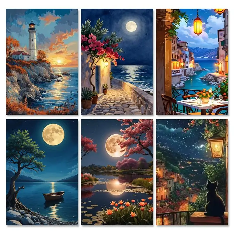 

Moonlight Paint By Numbers Kits DIY Color by Number for Beginner Scenery for Adults Beginners Wall Art Paint Kit for Beginner