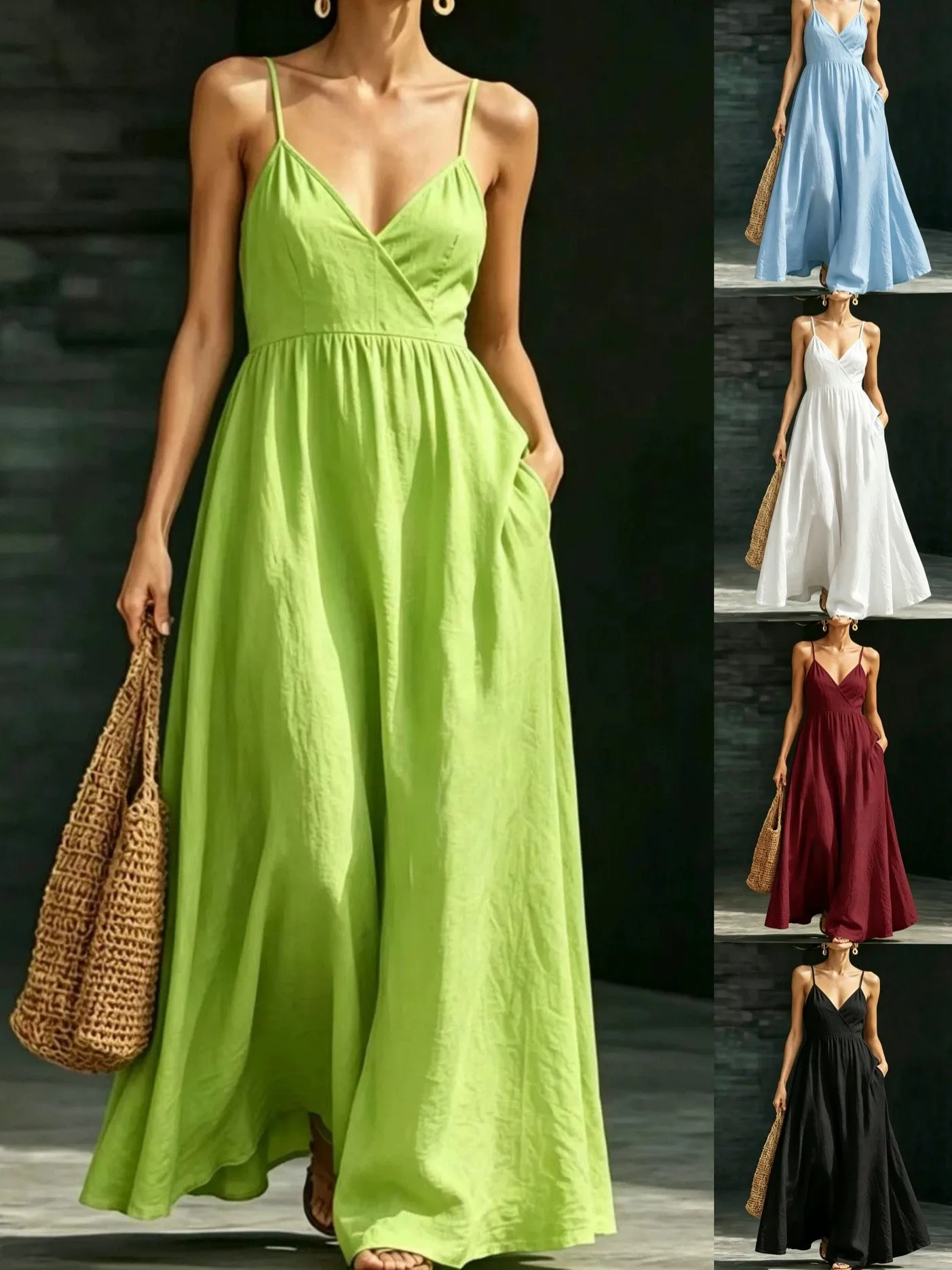 Vestido de Verano para Mujer, Cuello en V, Tirantes Finos, Vestido Maxi Verde Lima, Vestido sin Mangas Color Borgoña, Vestido Blanco Estilo Boho