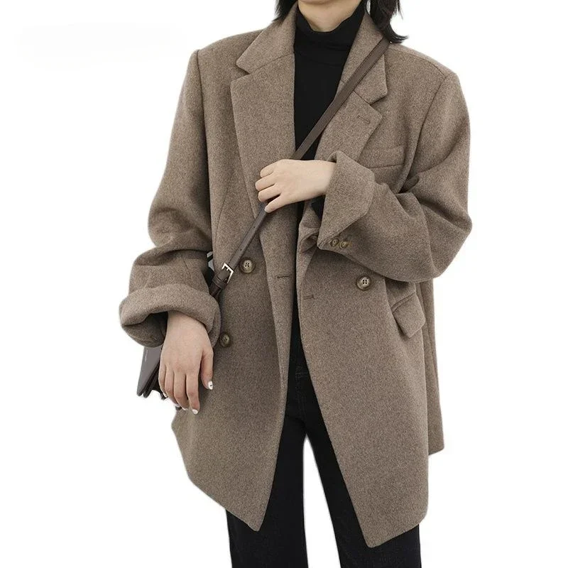 Women Wool Blend Coat Solid Mid Long Woolen Blazer Thick Warm Blouse Women's Overcoat Office Lady Tops Autumn and Winter