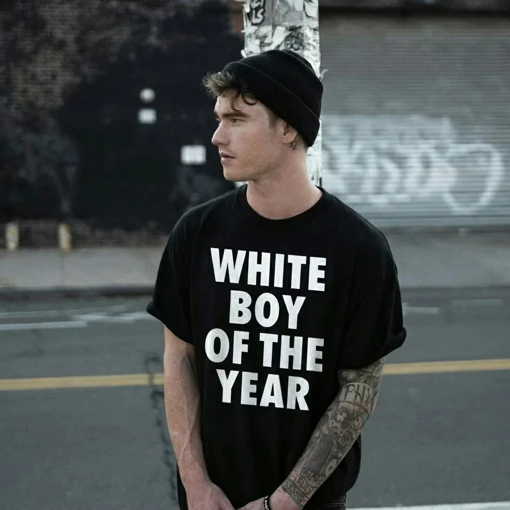 WHITE BOY OF THE YEAR T Shirts Cotton Print Short Sleeve T-shirt Retro Casual Streetwear Vintage Tee Fashion Loose Top Unisex