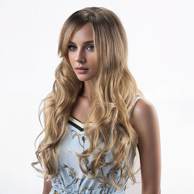 Medium length rolled cigarette gray gradient gold European and American wig woman-Synthetic fiber wig