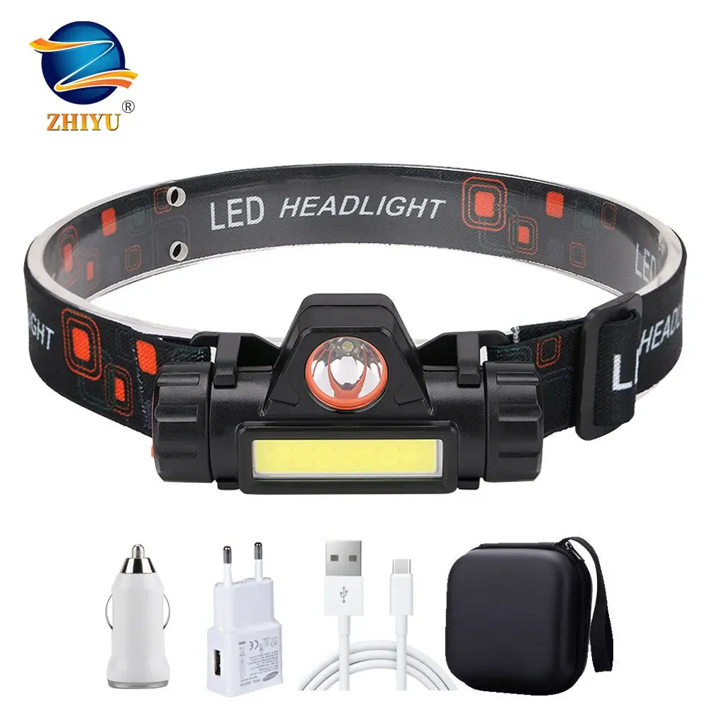 ZHIYU Portable Mini Flashlight Q5+COB Led Headlamp High Power Rechargeable Built-in Battery Outdoor Camping Fishing Headlight