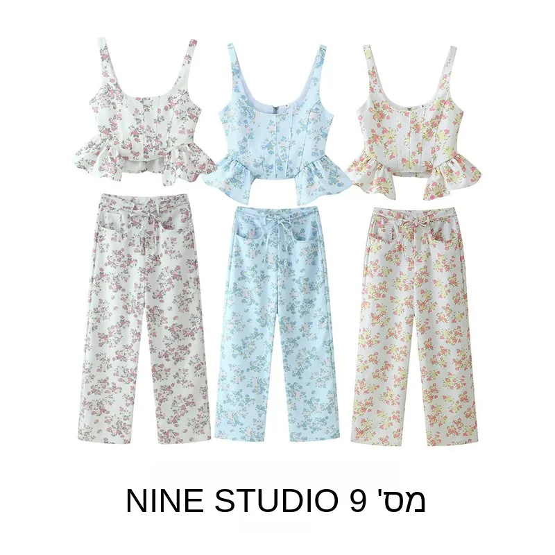 

NINE ZAR Women's Floral Lace Trim off Shoulder Crop Top And High Waist Long Pants Two Piece Set Casual Summer Fashion