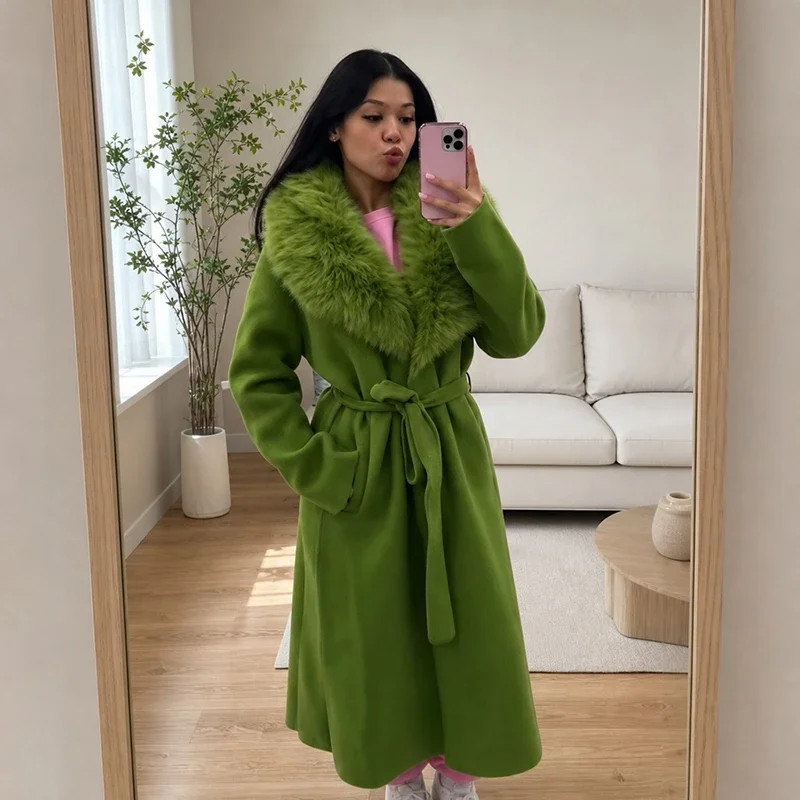 Women Wool Blend Wrap Coat Faux Fur Collar Self Tie Belt Long Length Open Front Jacket Winter Elegant Casual Ladies Outerwear