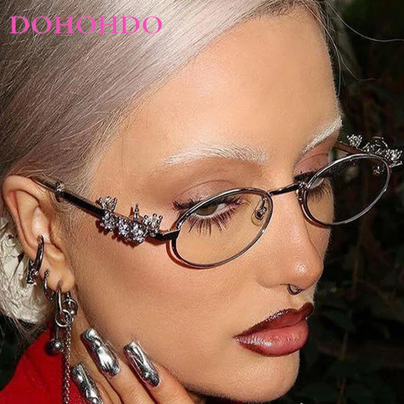 Fashion Y2K Rhinestone Small Oval Metal Women Man Sunglasses Brand Designer Eyeglasses Driving Cycling Travel Eyewear UV400 Очки