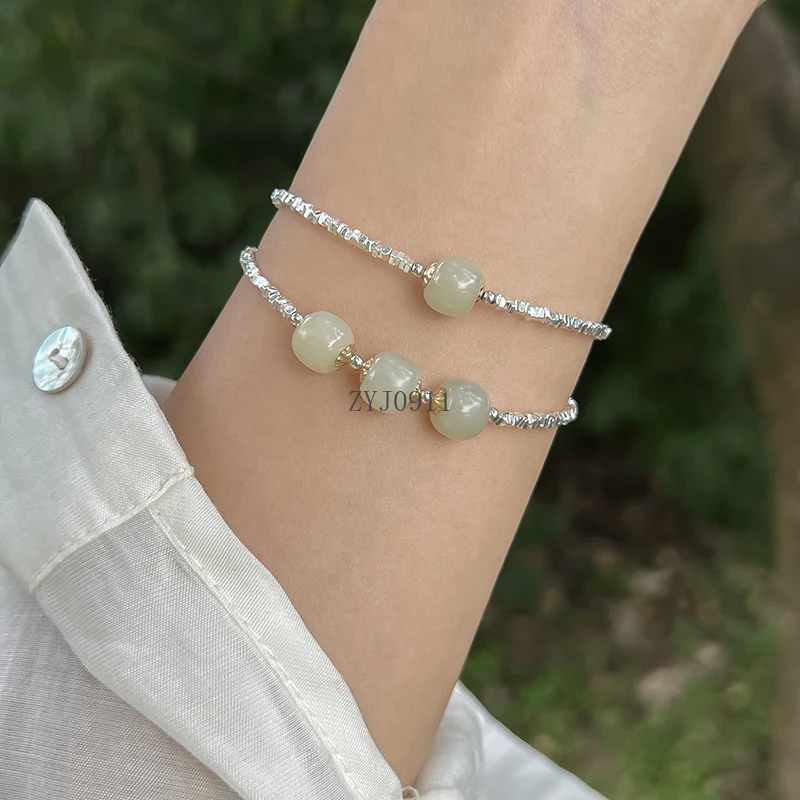 Natural Hetian Jade S925 Sterling Silver Crushed Silver Strong Light Pearl Bracelet Simple High-end Female