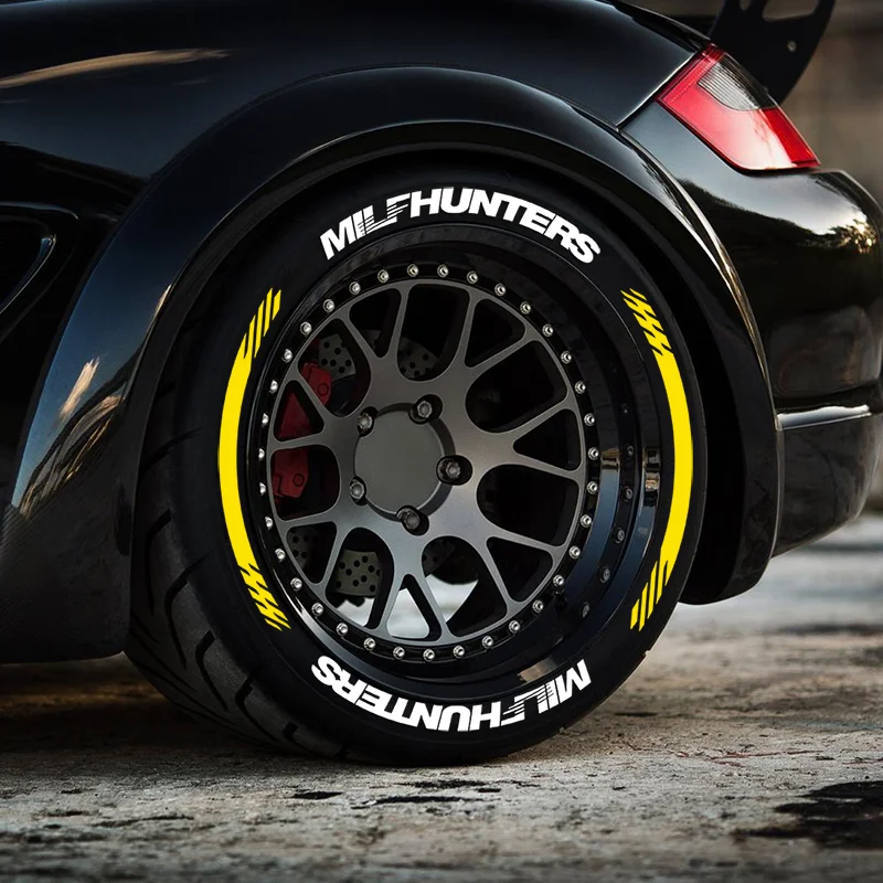 

4 Sets MILFHUNTERS Stripes 3D Waterproof Permanent Letters Tyre Decals Accessories Suitable for 2 Wheel Car PVC Without Glue