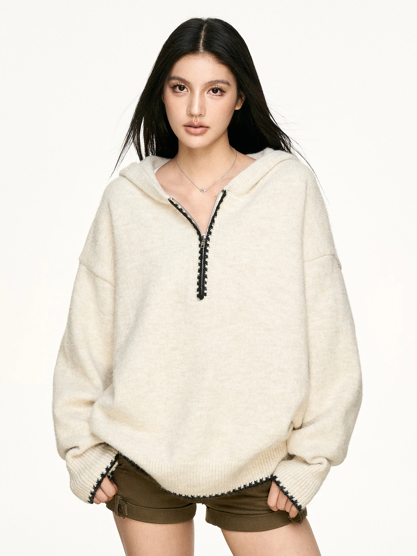 

Aaisup Lazy Sle Женский вязаный свитер-худи свободного кроя на молнии, осень-зима 2025, новая модная коллекция, простой универсальный трикотаж