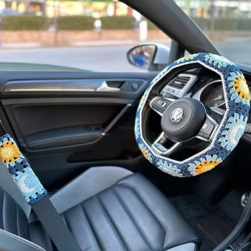 Hand Woven Cartoon Car Steering Wheel Cover Universal Anti Slip Car Steering Wheel Protection Cover Safety Belt Protection Cover