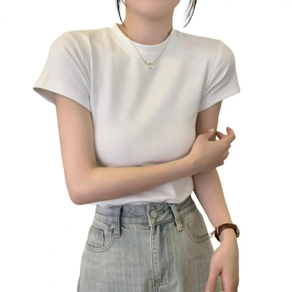 Women Elegant Short Sleeve Blouse Stylish Women's Slim Fit T-shirt Soft O-neck Pullover Top Solid Color Stretch for Streetwear