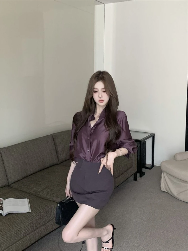 

Korean Style Trendy Women's 2026 Summer New Arrival Elegant Purple Polo Collar Long Sleeve Shirt Skirt Set