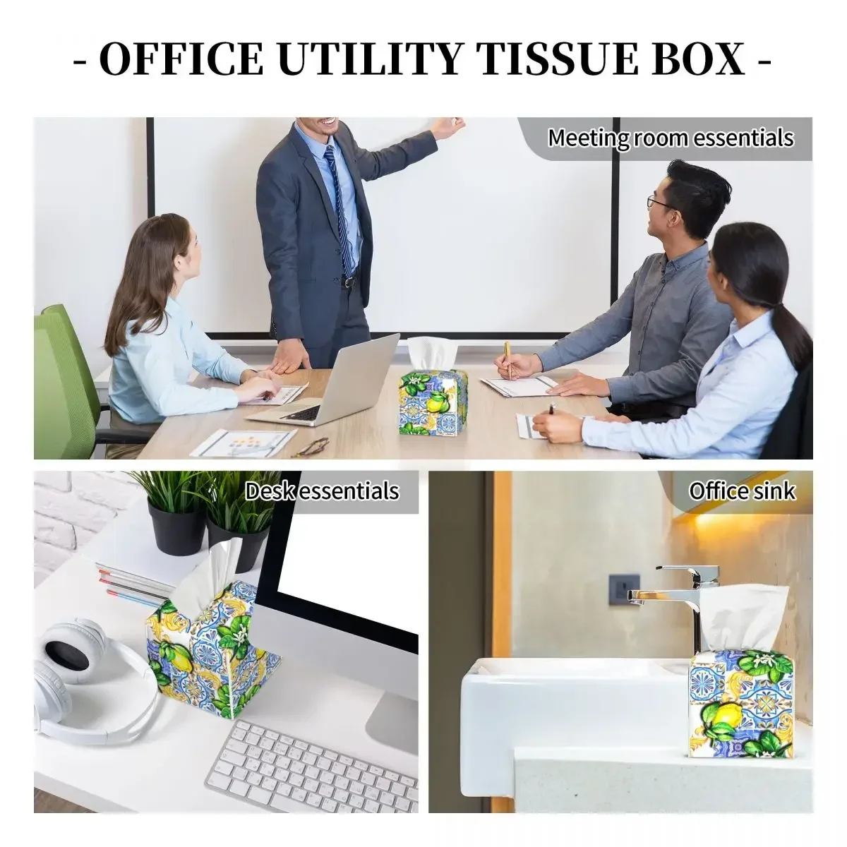 Custom Mediterranean Tiles Summer Fruit Lemons Facial Tissue Box Cover Square PU Leather Tissue Box Holder for Car Office