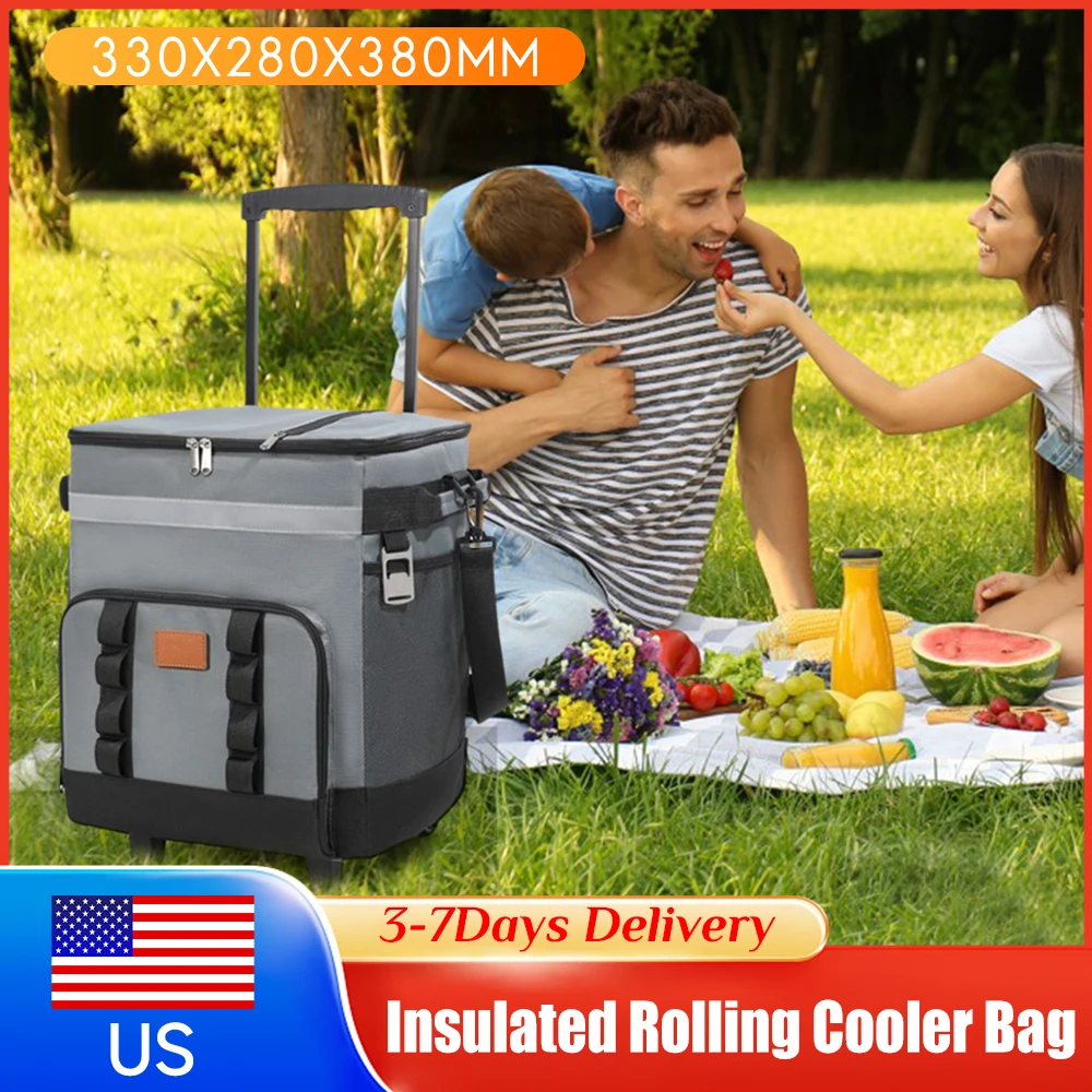

Insulated Rolling Cooler Bag 35L with Wheels Leak Proof 3Layer Thermal Dual Compartment for Picnic Travel BBQ Beach Food Storage