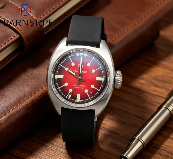 

PARNSRPE 36mm mini watche Retro red Luminous dial Dome sapphire glass mirror NH35 automatic movement Sports money