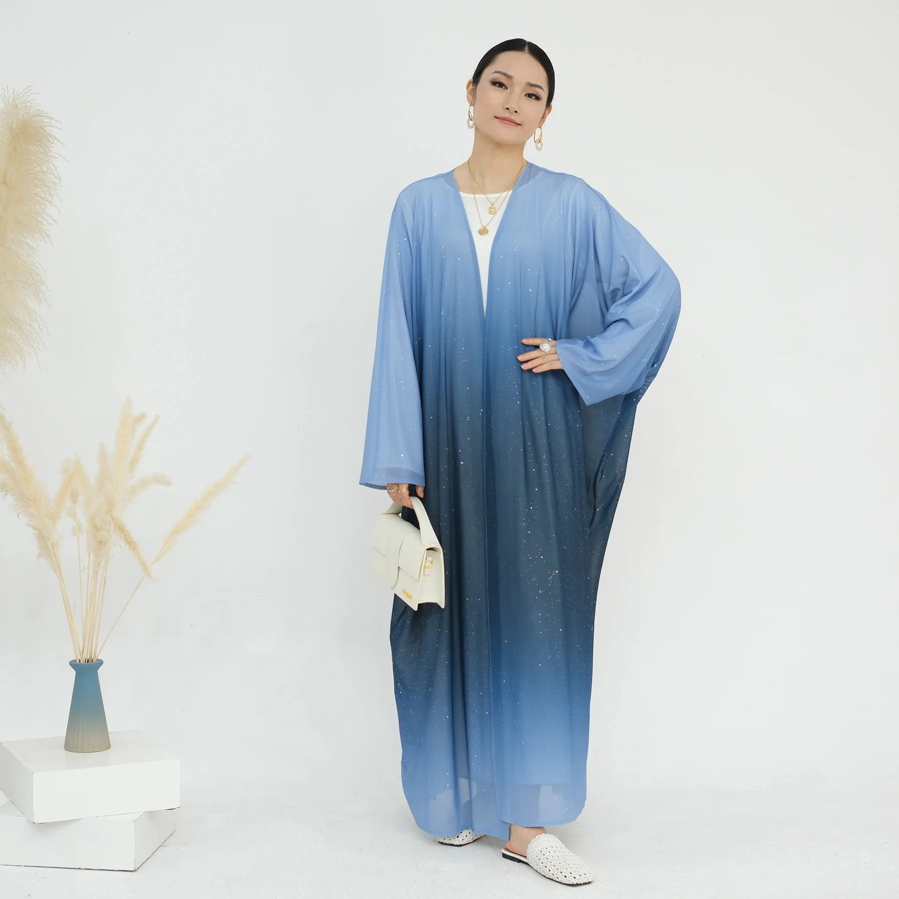 2025 Dubai Ombre Sfumatura di Colore Modesto Moda 2 Pezzi Vestito Abaya Kimono Abiti Hijab Traspirante Tradizionale Musulmano Set di Abbigliamento