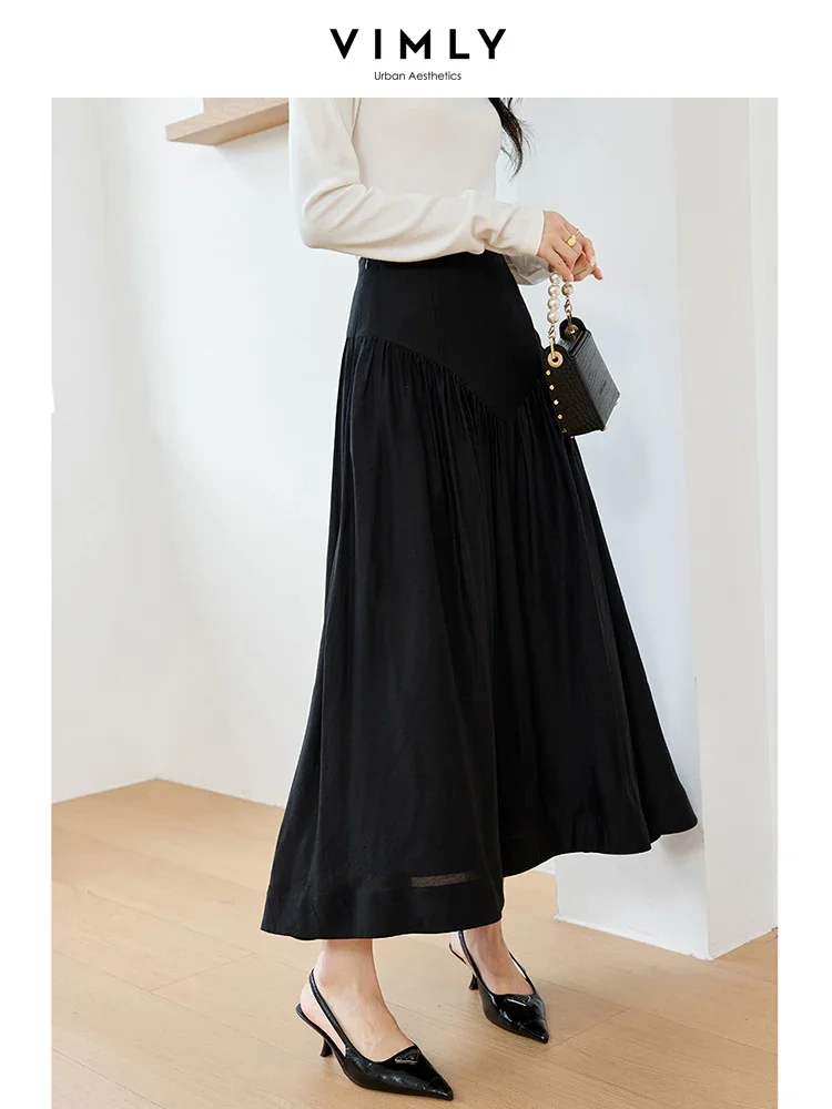 VIMLY Vintage Versatile  Pleated Skirt Women Simple Fashion Style Commuting Long Skirt Ladies Autumn Casual A line Skirts M9107