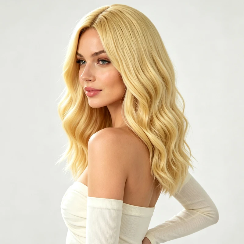Stylish, voluminous, 16-inch blonde synthetic wig with curls; versatile and easy to style.
