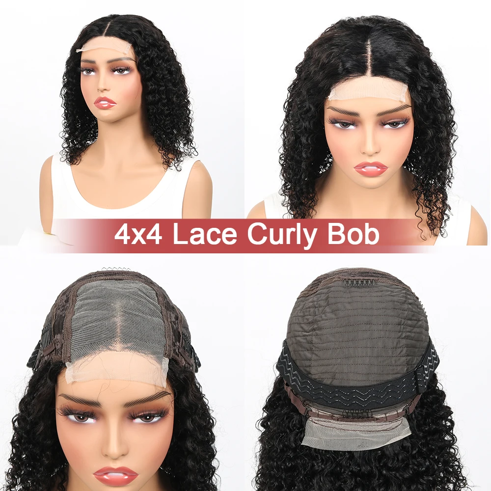 Perruques péruviennes cheveux humains pré plumés Bob 4x4 dentelle perruque naturel noir 200% densité naturel délié bouclés Bob perruques cheveux humains