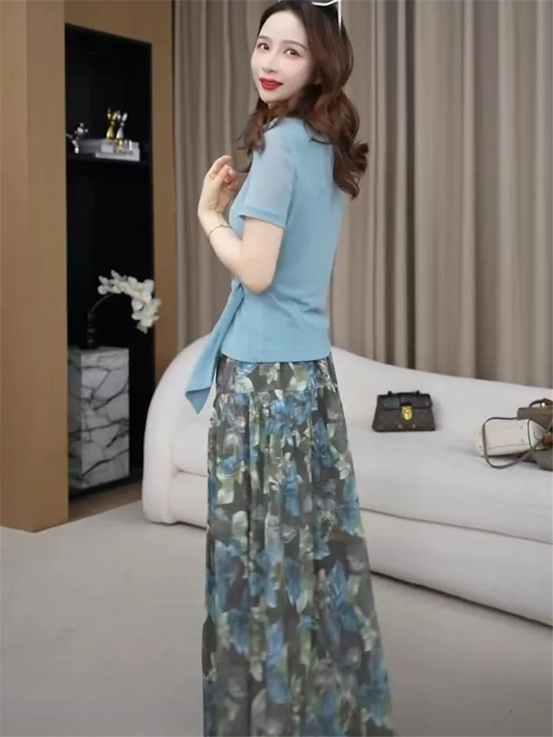 

2025 Mew Summer Casual Blue Flower Print Midi Skirt Women Korean Fashion Vintage A-Line Big Swing High Waist Womens Skirts