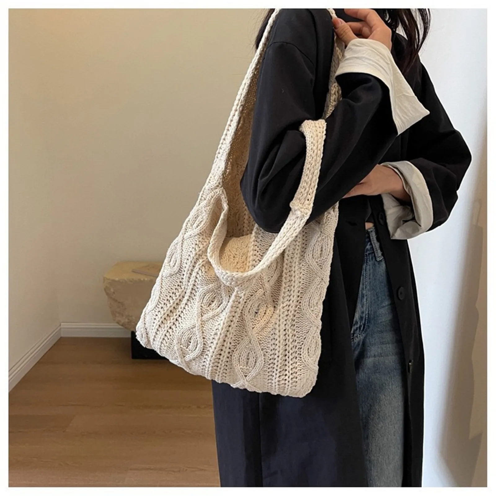 Wool Large Knit Bag Shoulder Shopping Bag for Women Vintage Cotton Cloth Girls Tote Shopper Bag Large Female Handbag Crochet Bag