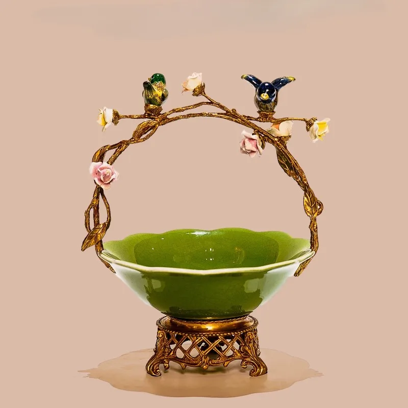 طبق فاكهة أوروبي نحاسي، وعاء فواكه مزخرف لطاولة القهوة، سيراميك الزهور والطيور المنزلية، زخرفة الطاولة