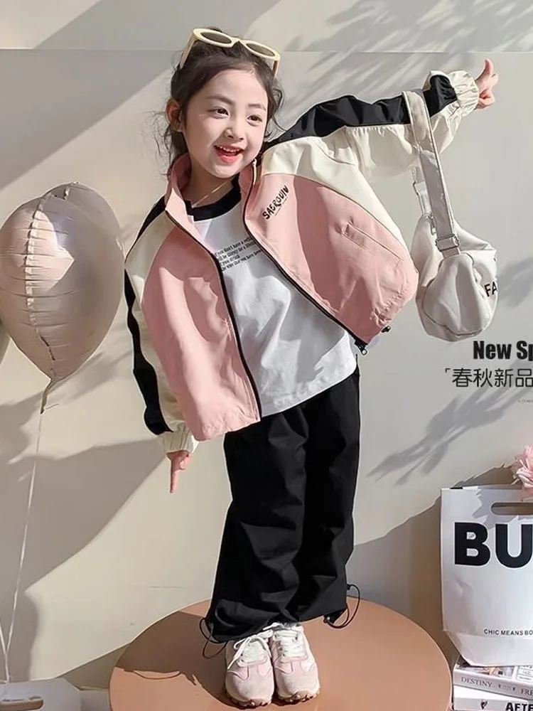 Girls' Coat Spring And Autumn Girls' Spring Short Top Children's Sprint Coat Color Block Jacket Trench Coat For Girl