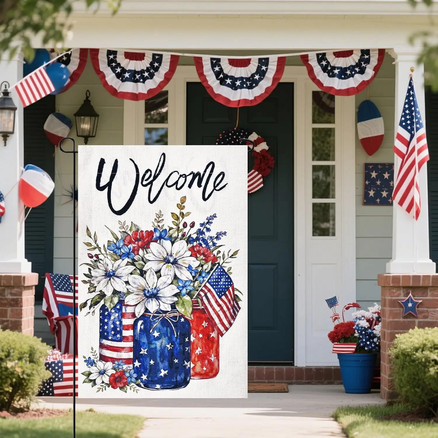 12 x 18 Inches Patriotic Floral Welcome Garden Flag - Double Sided Mason Jar Flowers and American Flag Printed Holiday Yard jjp