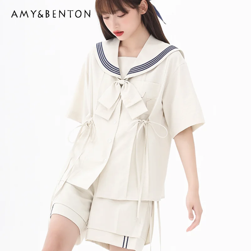 

2024 New Japanese JK Uniform Navy Style Casual Sailor Collar Beige Irregular Short Sleeves Top Shorts Comfortable Suit For Girls