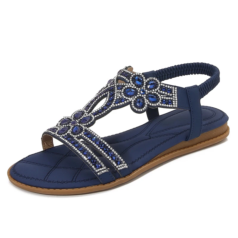 

2025 Plus Size Hollow Flat Rhinestone Sandals Bohemian Style Comfortable Women's Summer Shoes