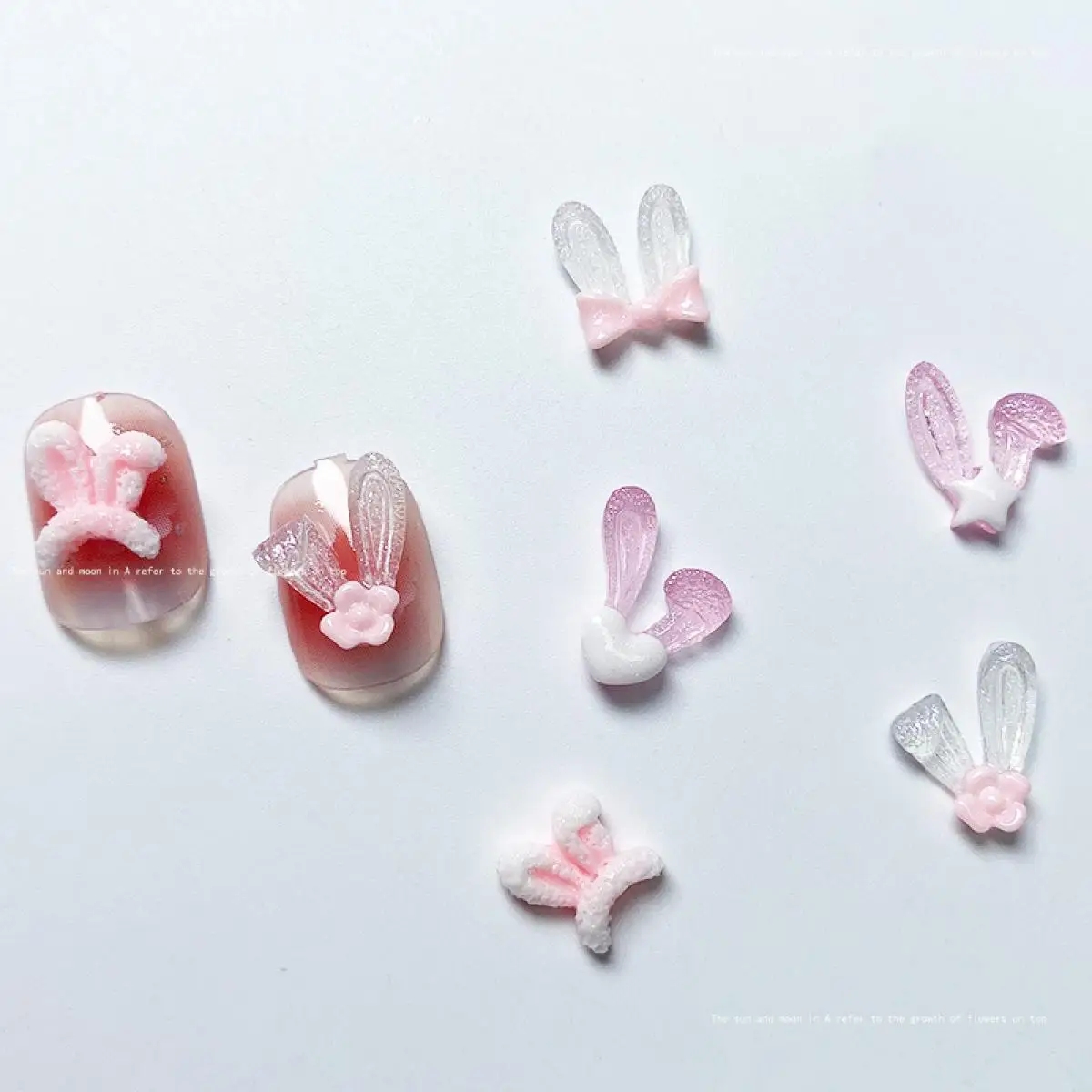 60PCS Pink White Gradient Cartoon Resin Rabbit Ear Nail Charms 3D Kawaii Mini Glow in the night Rabbit Ear Nail Art Decoration